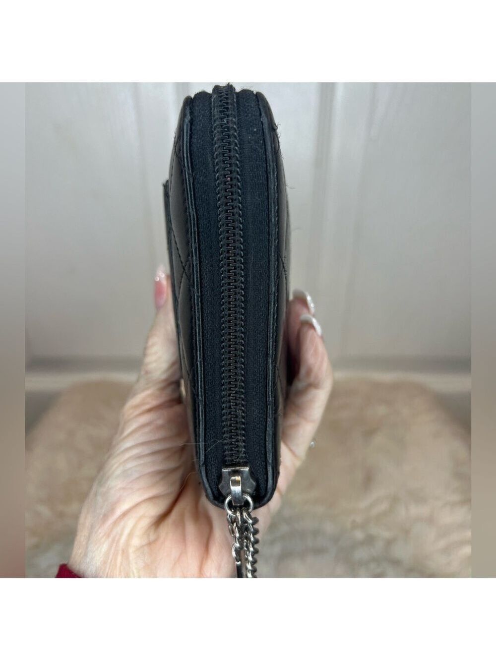 ❤️CHANEL BLACK QUILTED LEATHER LIGNE CAMBON YEN WALLET BLACK/PINK - Picture 7 of 16